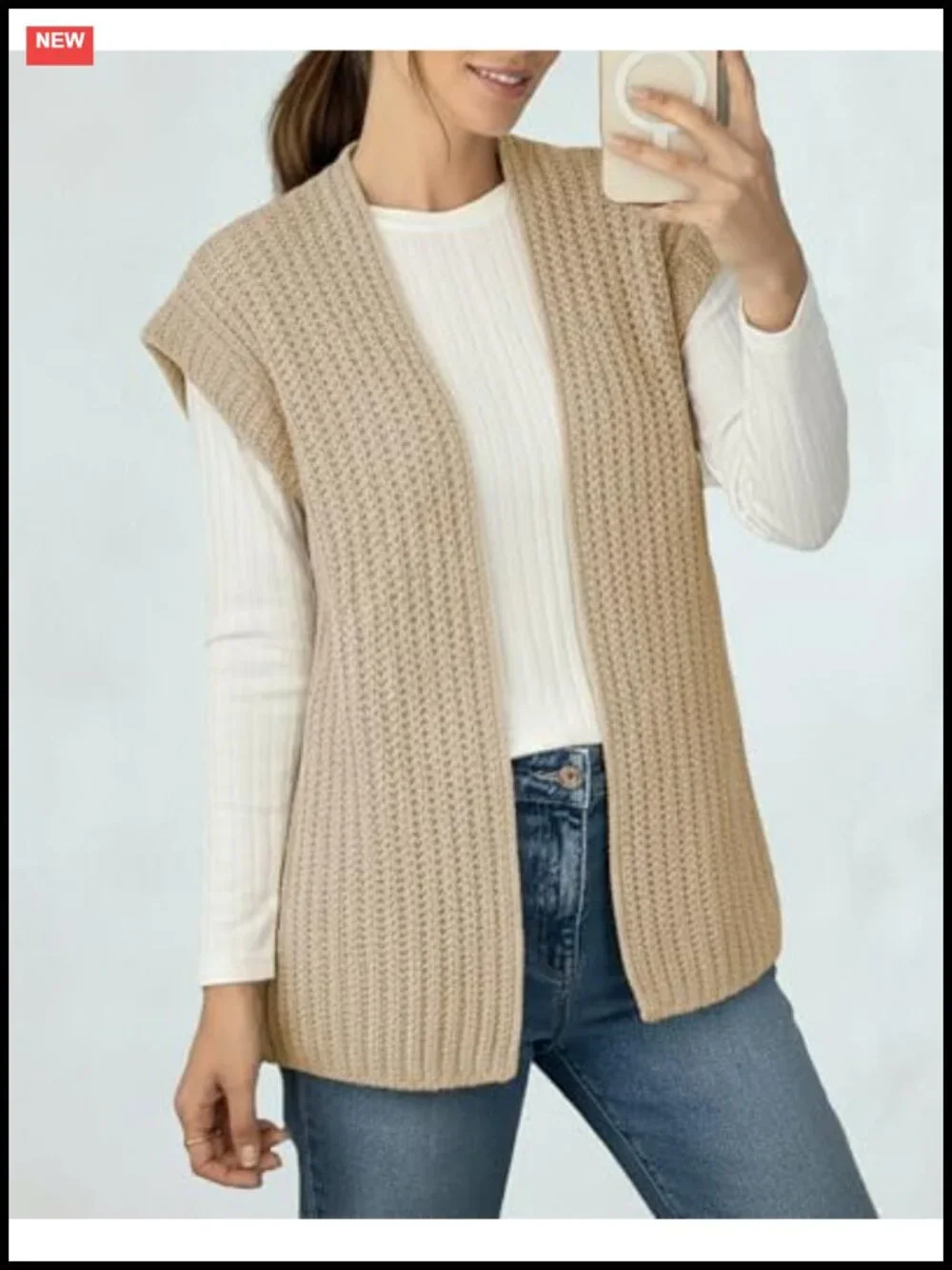Chunky Knit Crochet Sweater Vest V-Neck Open Front Cap Sleeve Womens Top Apricot
